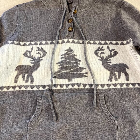 Men's Winter Hoodie sweater Medium Grey & White Pocket Deers and tree Christmas - Picture 2 of 10